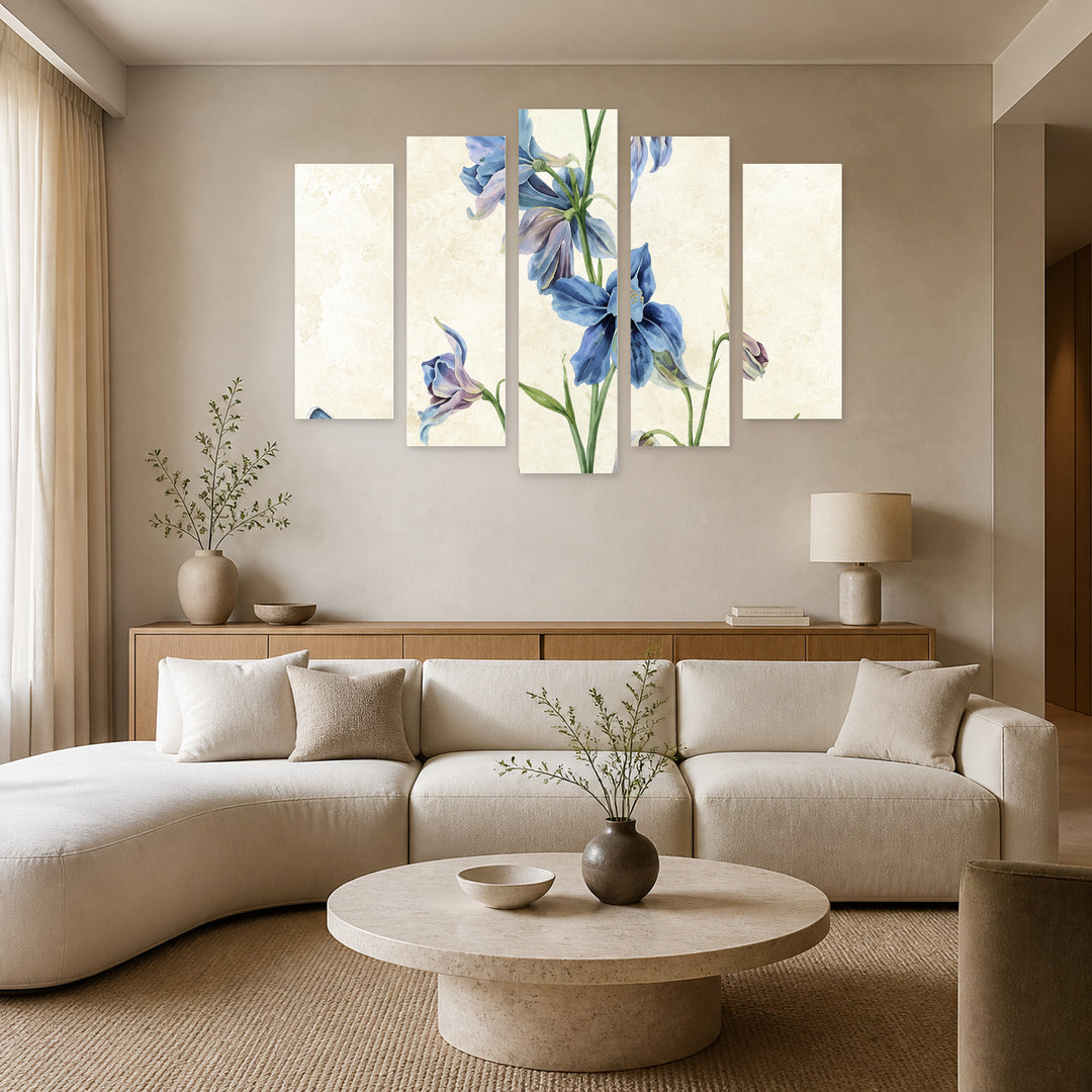 Minimalism of Blue Flowers in Serene Light — five-panel wall art in frontal interior | 5wallart 57787 M3