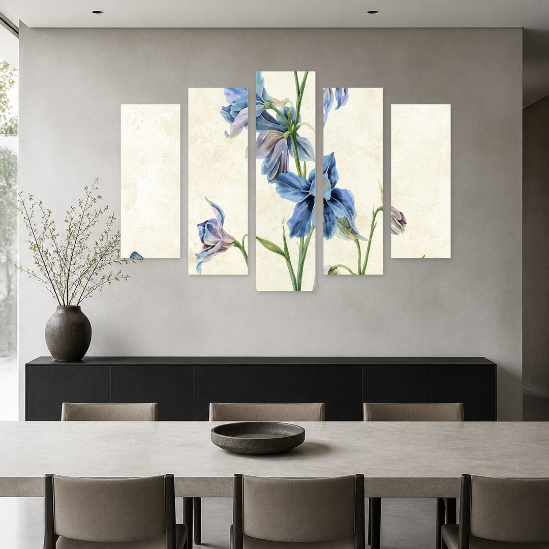 Minimalism of Blue Flowers in Serene Light — five-panel wall art in alternate frontal interior | 5wallart 57787 M4
