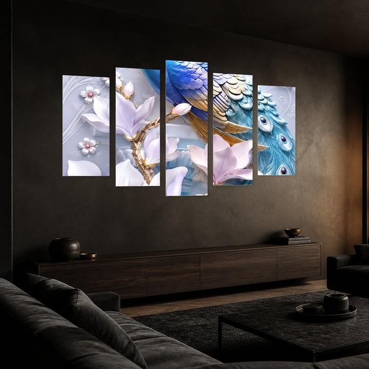 Peacock Wildlife Portrait — five-panel wall art in perspective interior | 5wallart 57789 M2