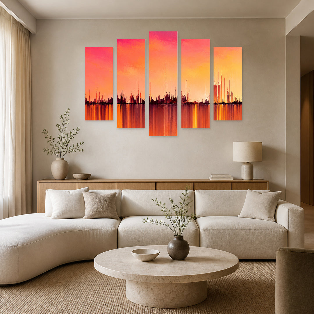 Wave Painting in Winter — five-panel wall art in alternate frontal interior | 5wallart 57790 M4