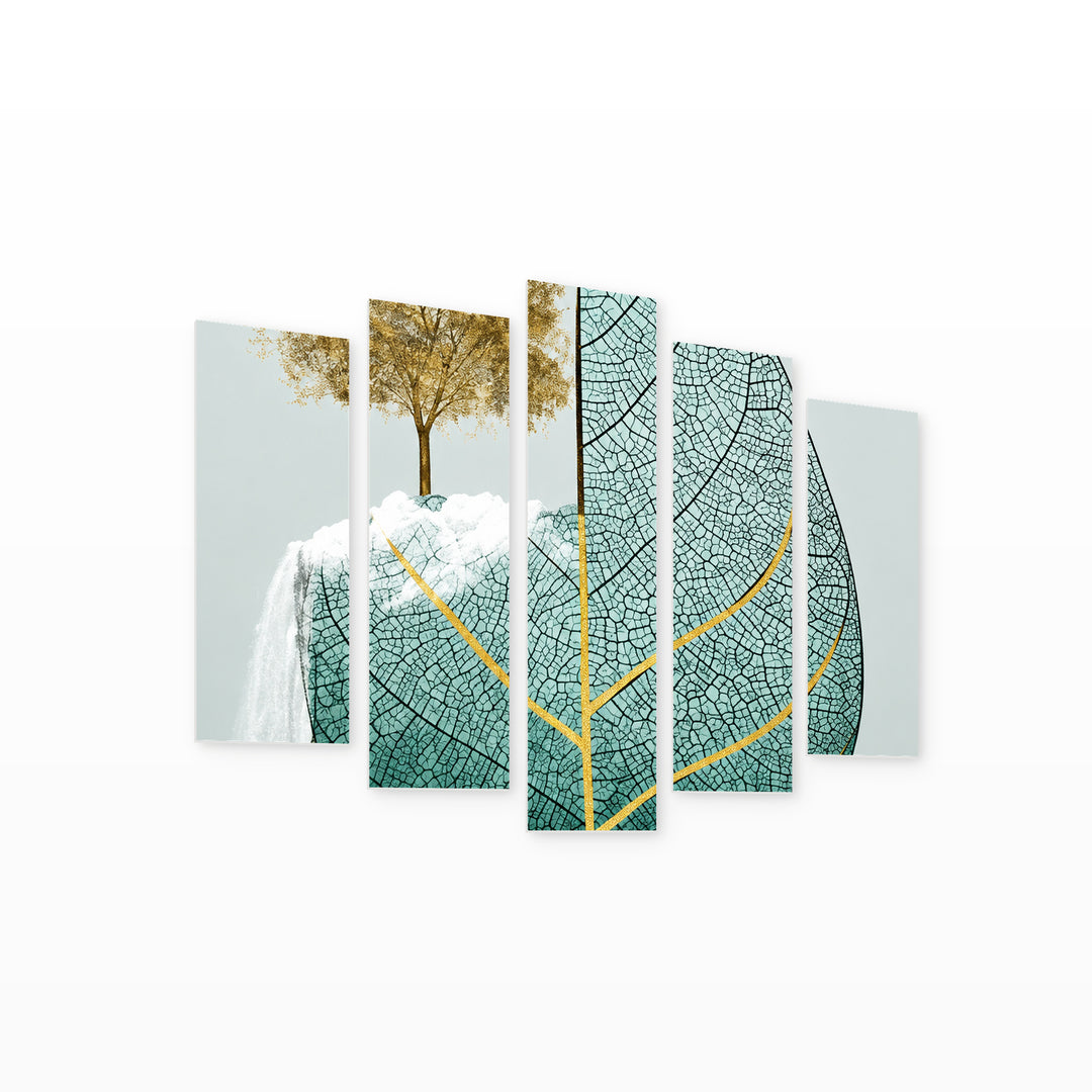 Delicate Leaf in Serene Light — five-panel wall art on white background in perspective | 5wallart 57791 M1