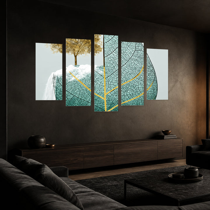 Delicate Leaf in Serene Light — five-panel wall art in perspective interior | 5wallart 57791 M2