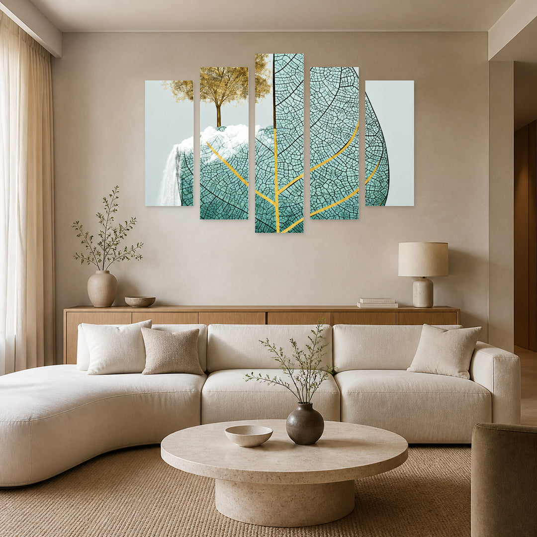 Delicate Leaf in Serene Light — five-panel wall art in frontal interior | 5wallart 57791 M3