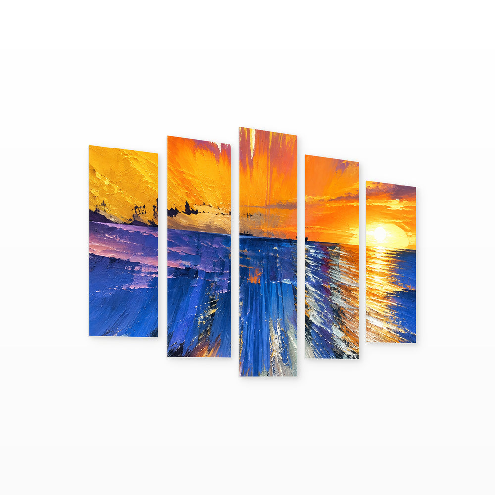 Abstract Colorful Waves in Blue and Gold — five-panel wall art on white background in perspective | 5wallart 57792 M1