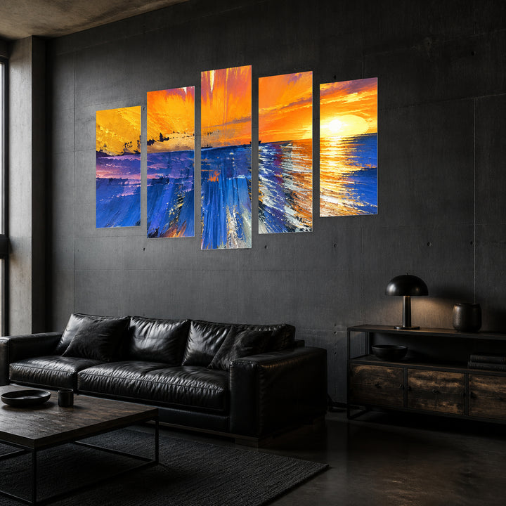 Abstract Colorful Waves in Blue and Gold — five-panel wall art in perspective interior | 5wallart 57792 M2