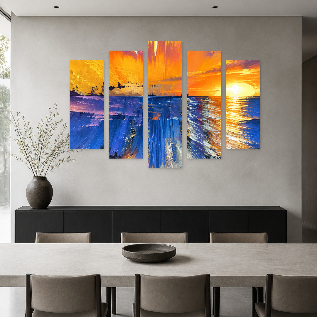 Abstract Colorful Waves in Blue and Gold — five-panel wall art in frontal interior | 5wallart 57792 M3