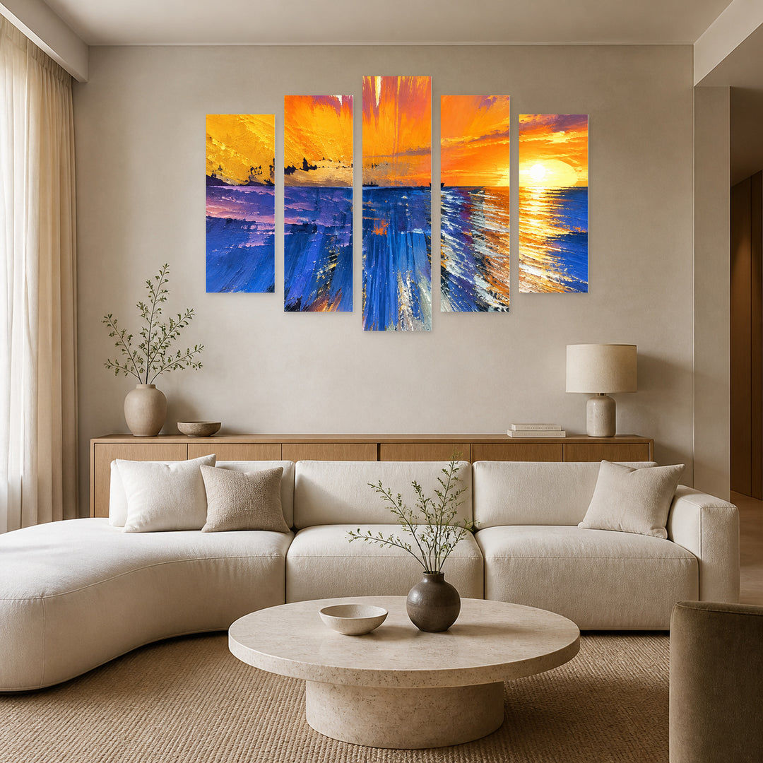 Abstract Colorful Waves in Blue and Gold — five-panel wall art in alternate frontal interior | 5wallart 57792 M4