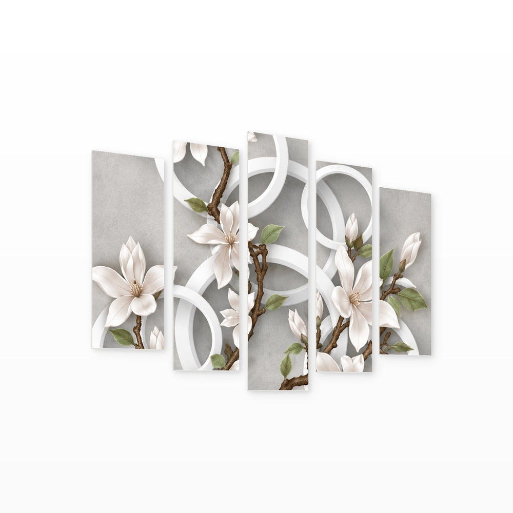 Blooming Branch in Serene Light — five-panel wall art on white background in perspective | 5wallart 57793 M1