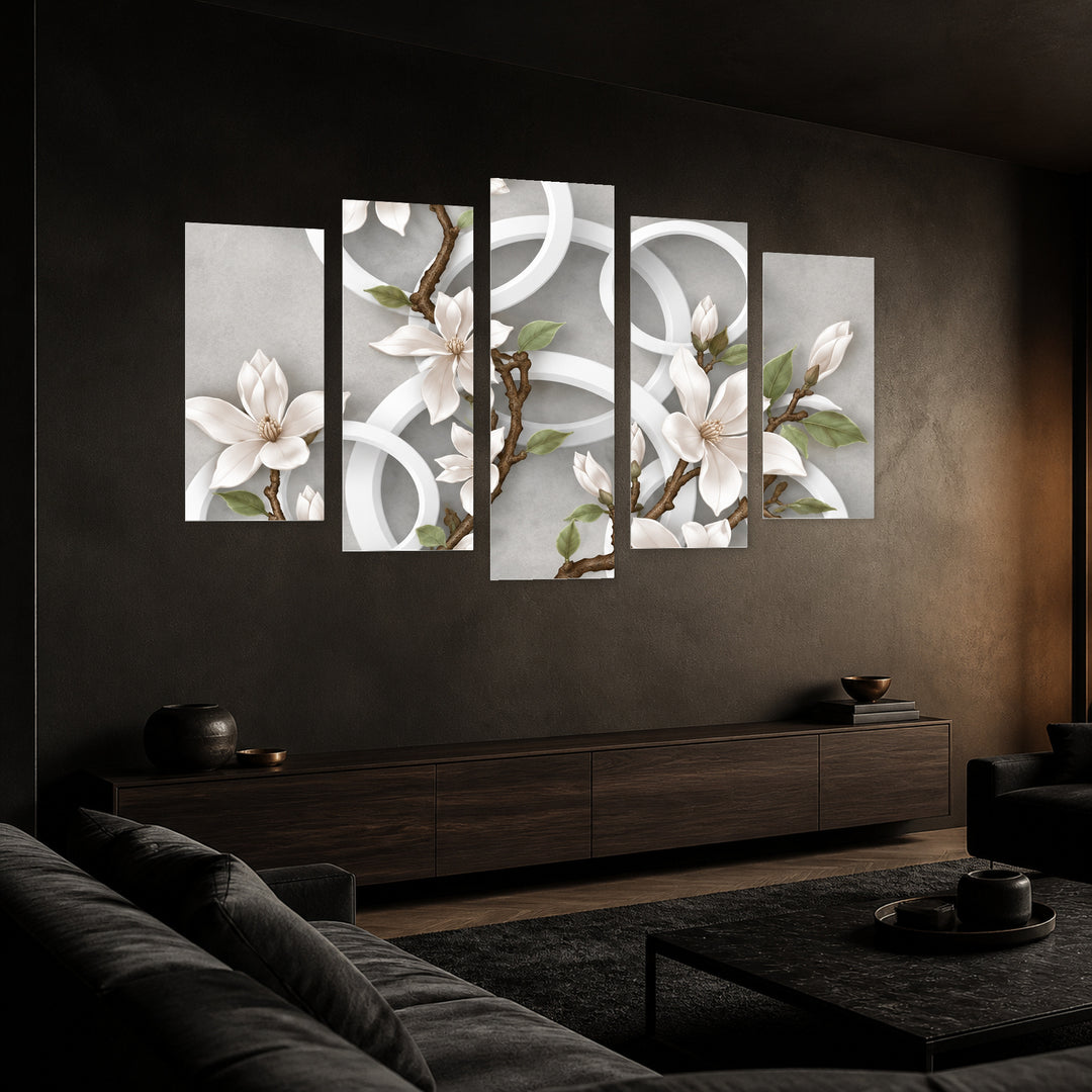 Blooming Branch in Serene Light — five-panel wall art in perspective interior | 5wallart 57793 M2