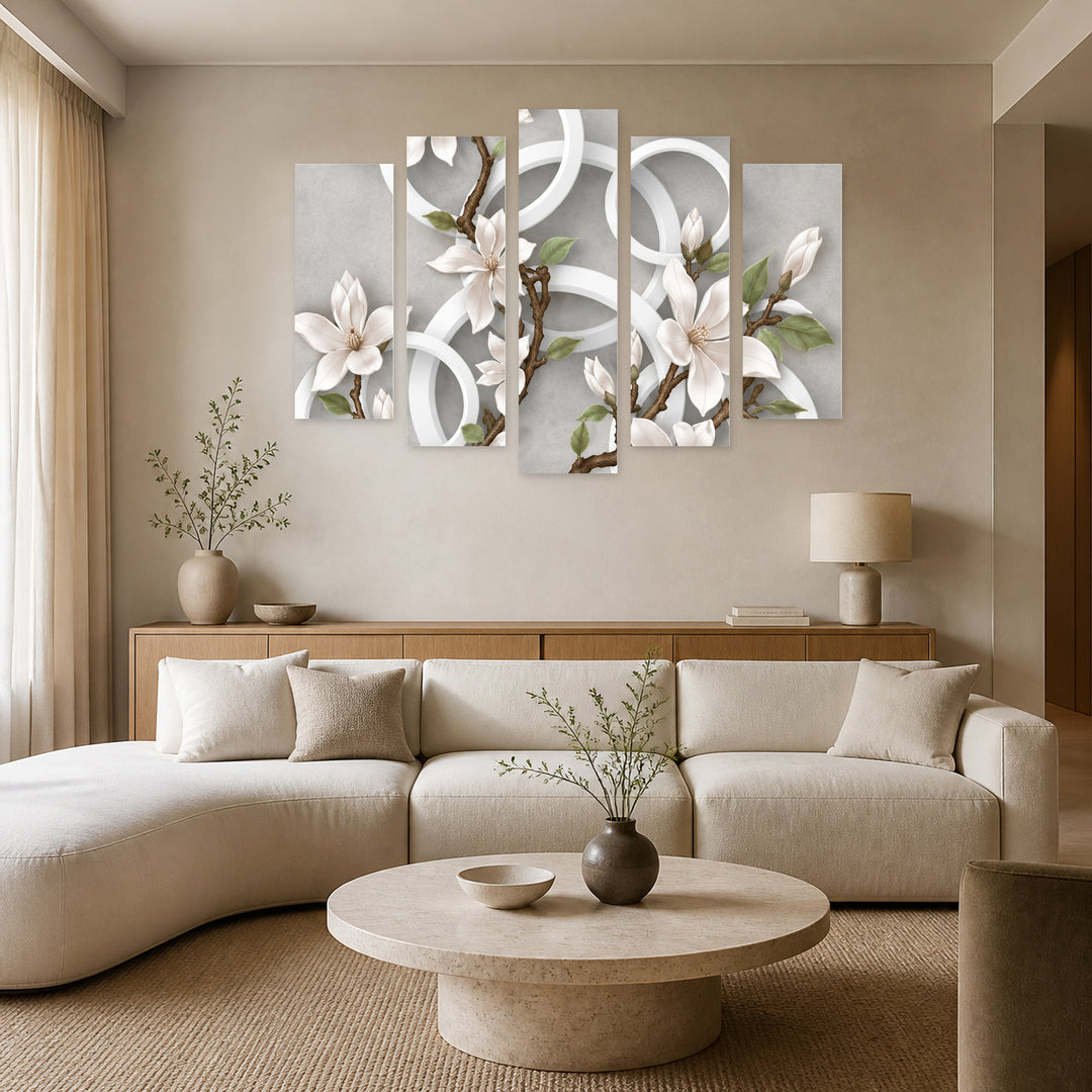 Blooming Branch in Serene Light — five-panel wall art in frontal interior | 5wallart 57793 M3