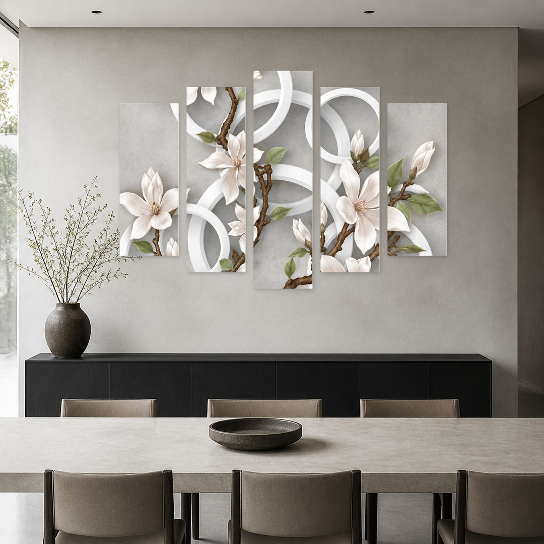 Blooming Branch in Serene Light — five-panel wall art in alternate frontal interior | 5wallart 57793 M4