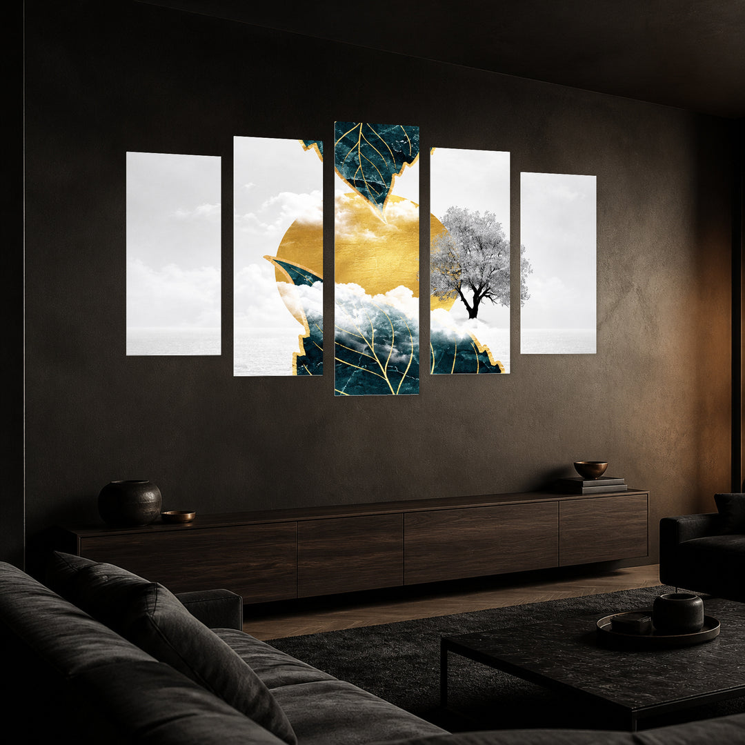 Birch Leaves in Winter — five-panel wall art in perspective interior | 5wallart 57795 M2