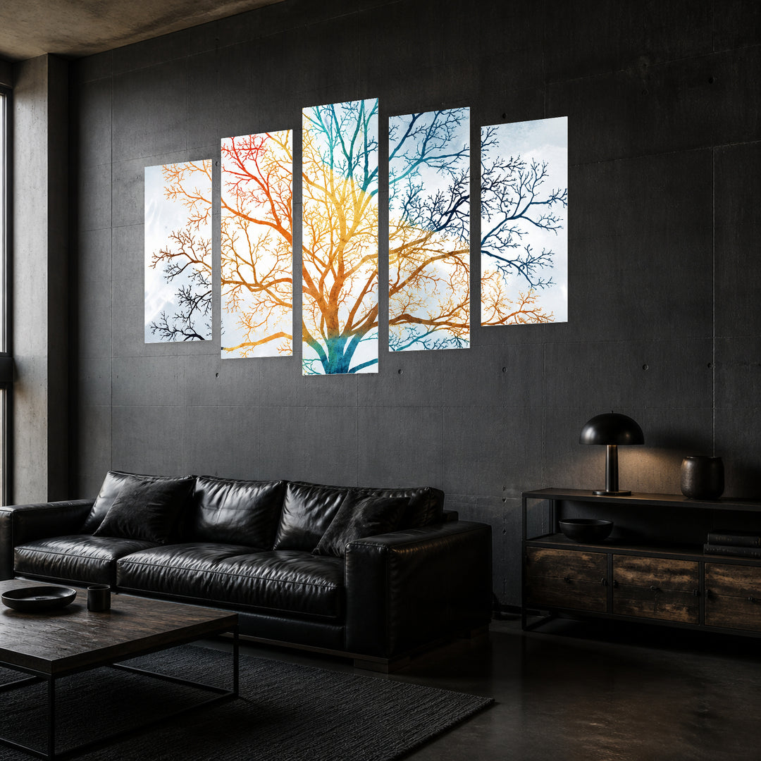 Tree in the Heights in Blue and Gold — five-panel wall art in perspective interior | 5wallart 57796 M2