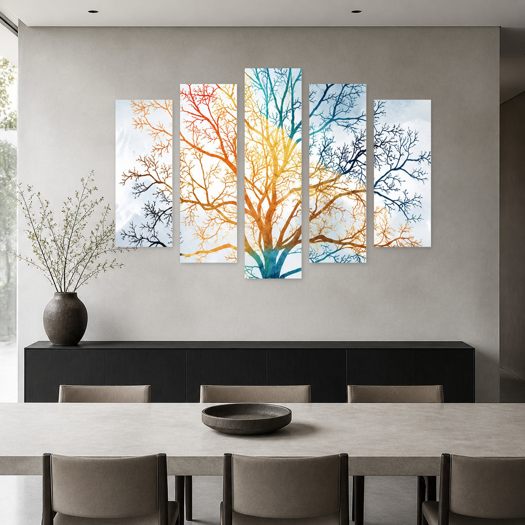 Tree in the Heights in Blue and Gold — five-panel wall art in frontal interior | 5wallart 57796 M3