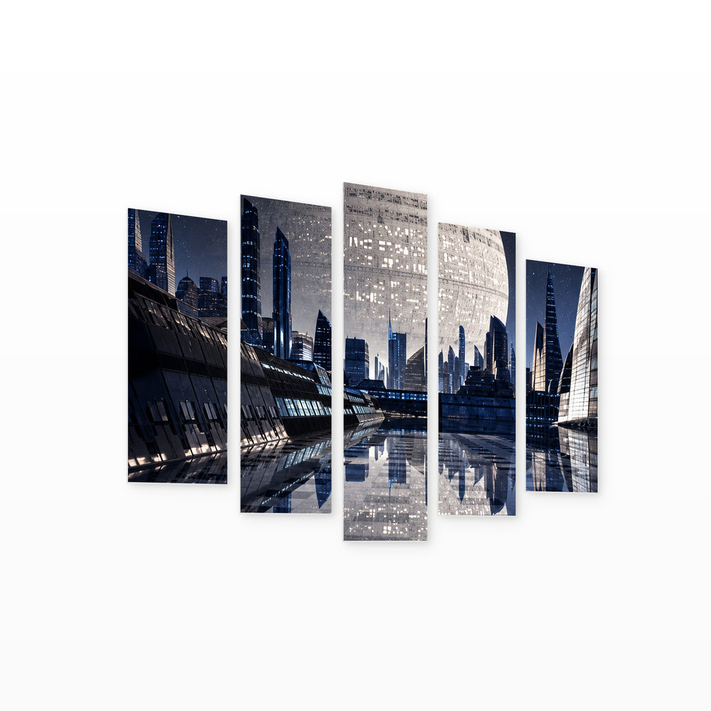 Futuristic City at Night — five-panel wall art on white background in perspective | 5wallart 57797 M1