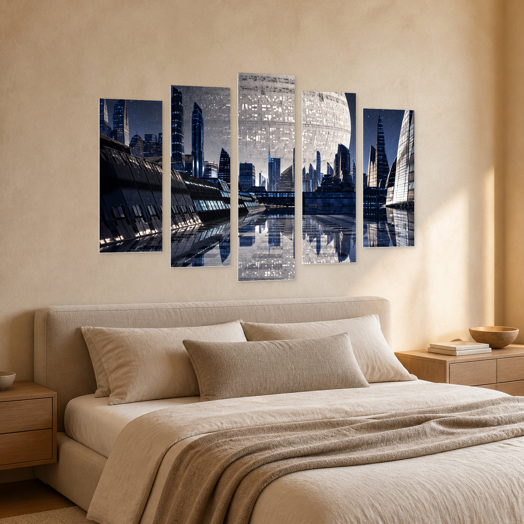 Futuristic City at Night — five-panel wall art in perspective interior | 5wallart 57797 M2