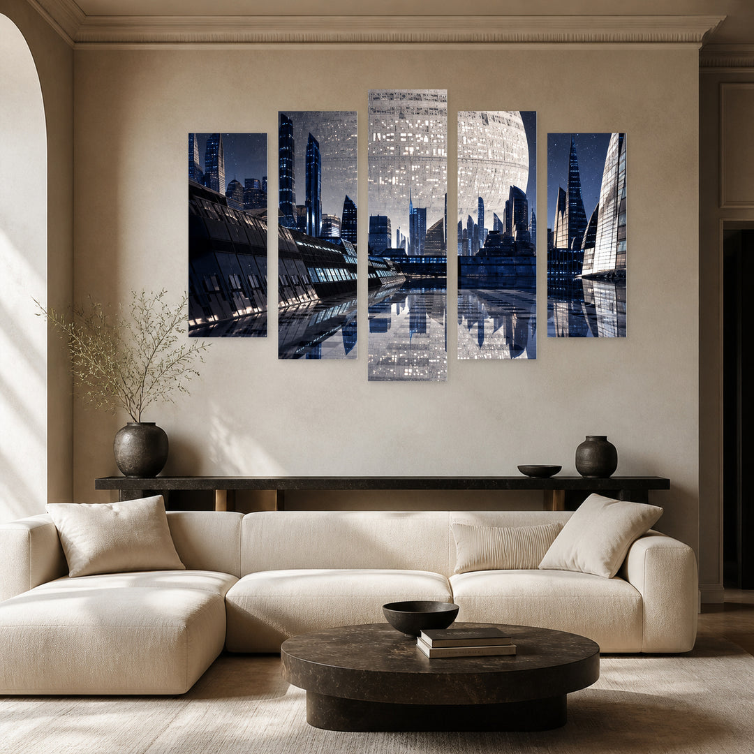 Futuristic City at Night — five-panel wall art in frontal interior | 5wallart 57797 M3