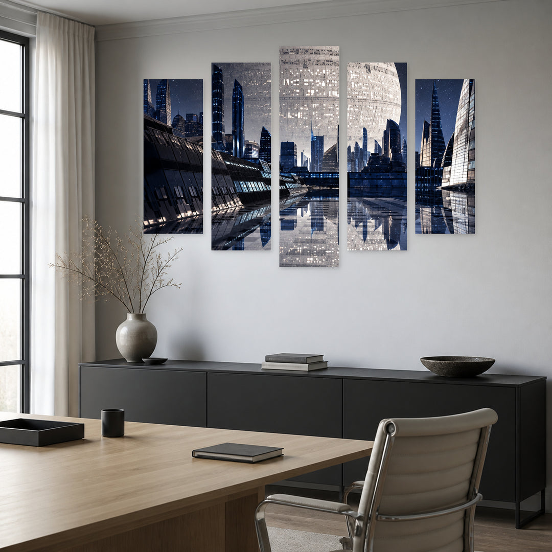 Futuristic City at Night — five-panel wall art in alternate frontal interior | 5wallart 57797 M4