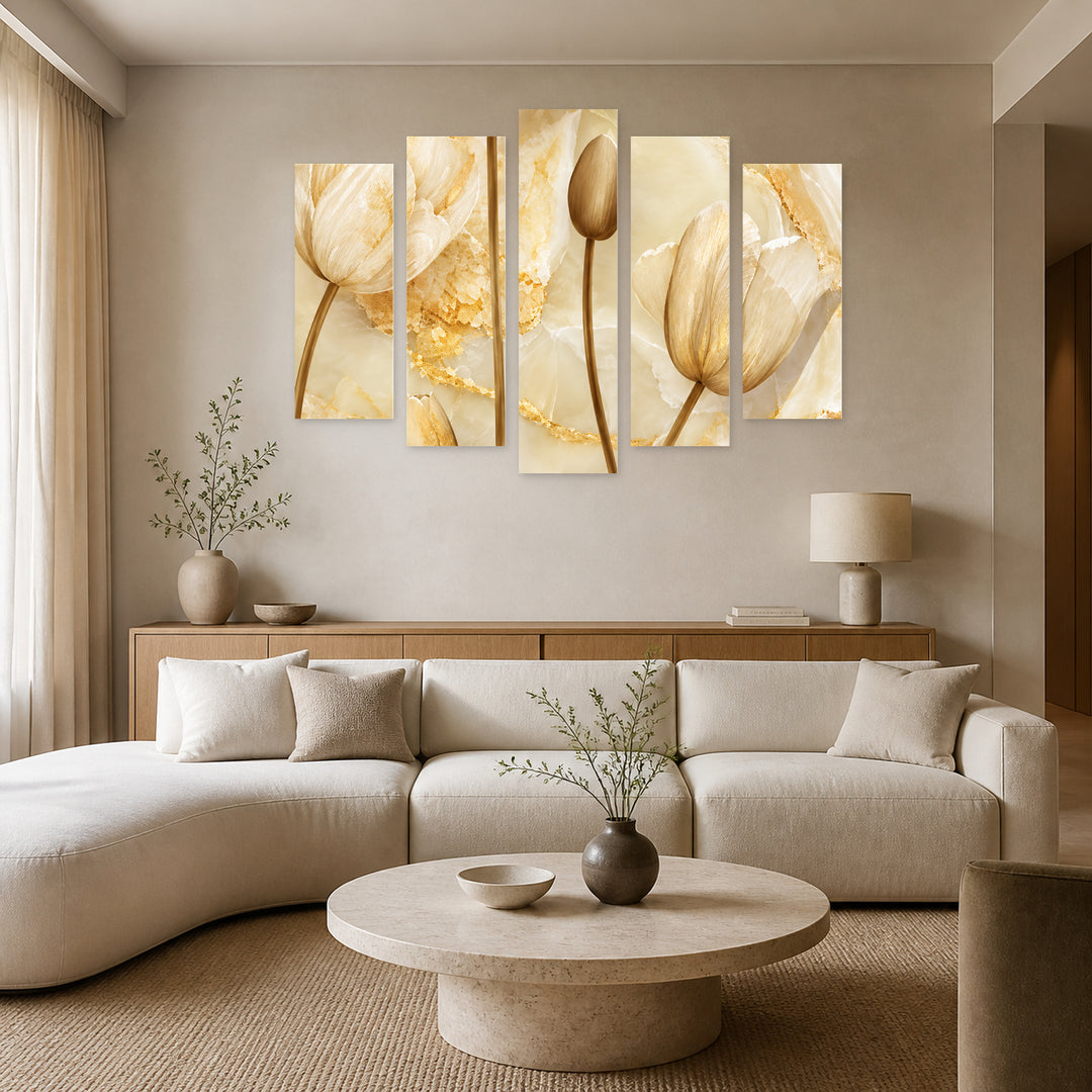 Marble Aesthetic in Serene Light — five-panel wall art in alternate frontal interior | 5wallart 57800 M4