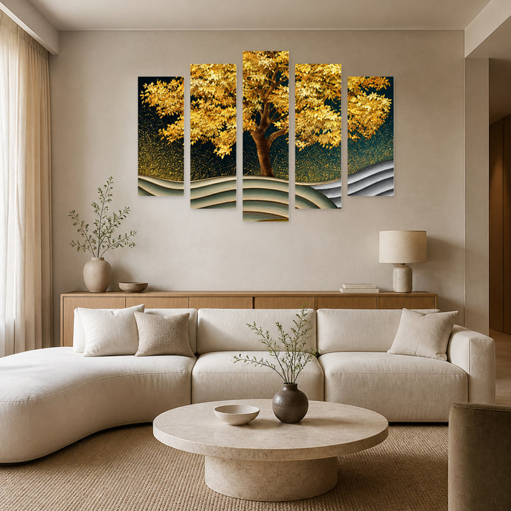 Golden Tree in Serene Light — five-panel wall art in frontal interior | 5wallart 57801 M3
