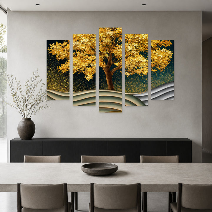 Golden Tree in Serene Light — five-panel wall art in alternate frontal interior | 5wallart 57801 M4