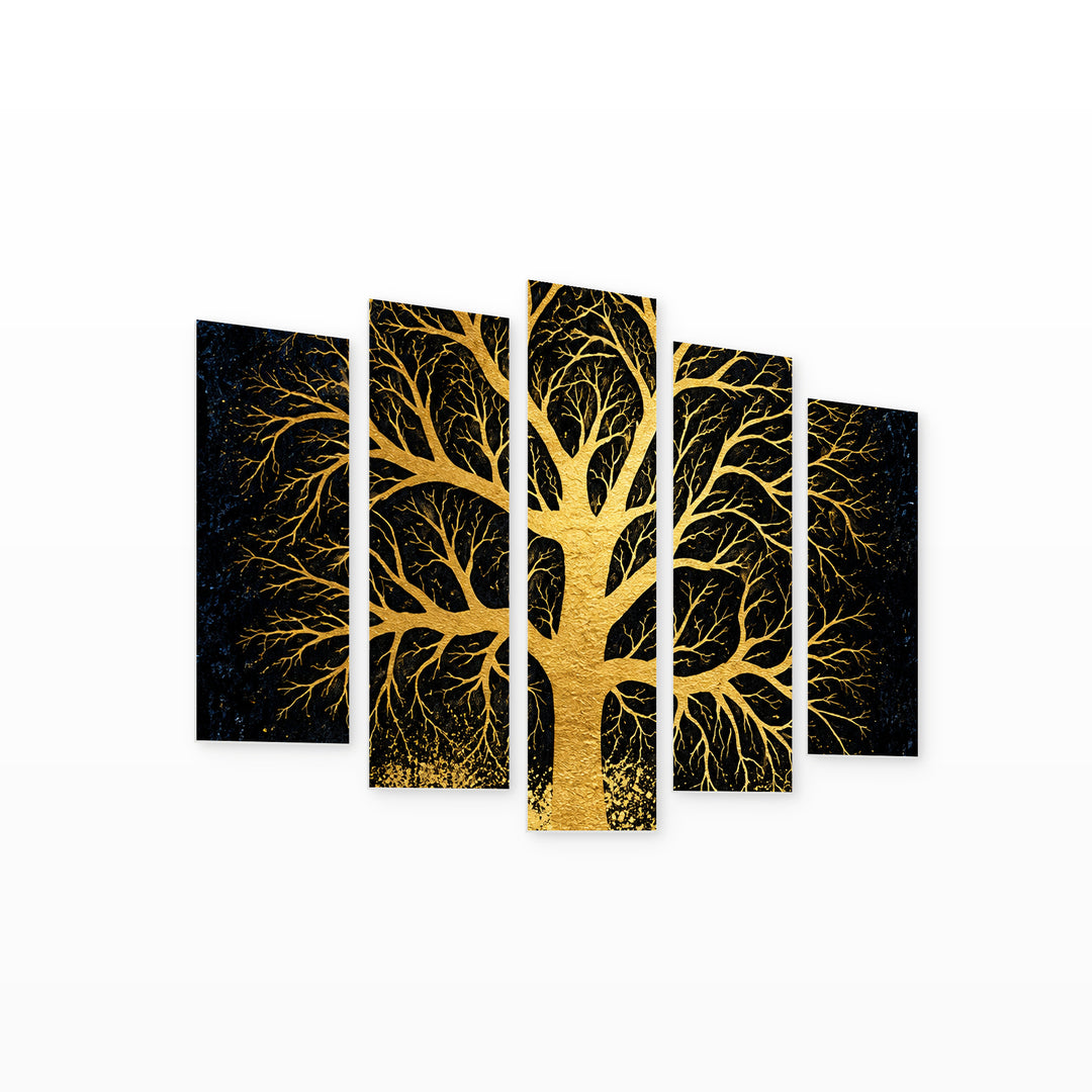 Golden Landscape in Serene Light — five-panel wall art on white background in perspective | 5wallart 57802 M1