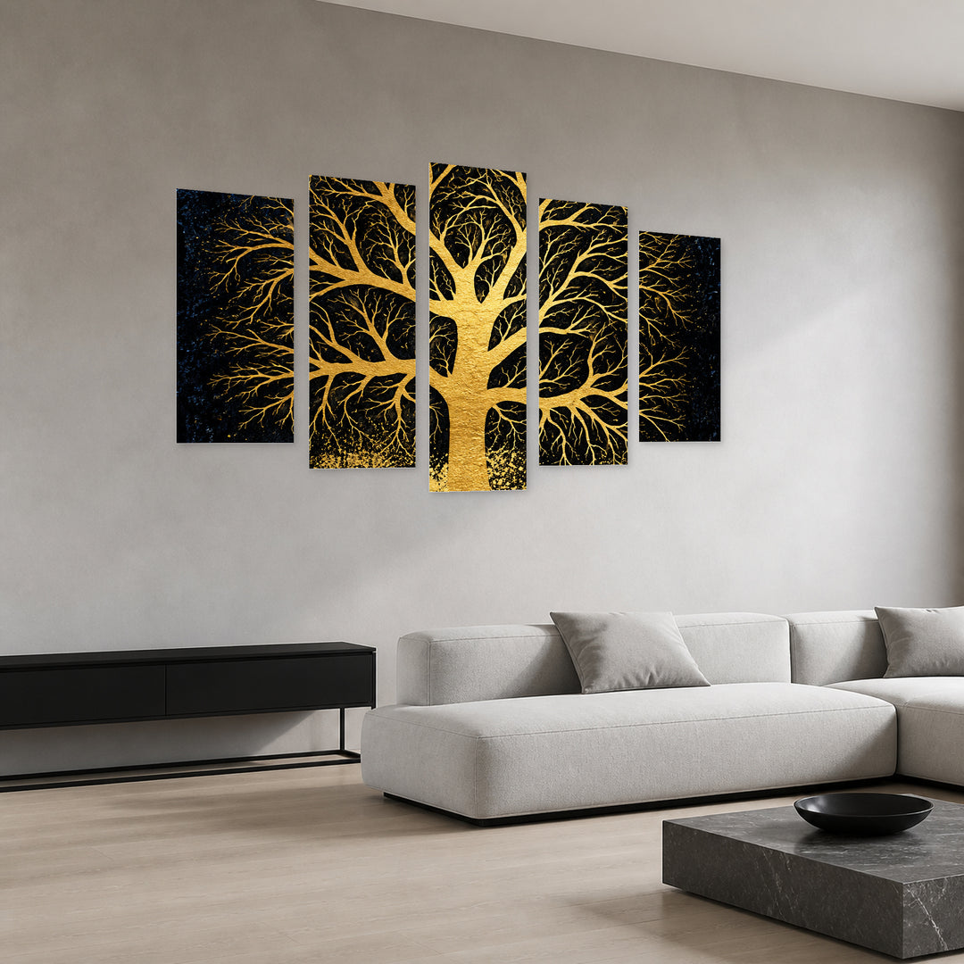 Golden Landscape in Serene Light — five-panel wall art in perspective interior | 5wallart 57802 M2