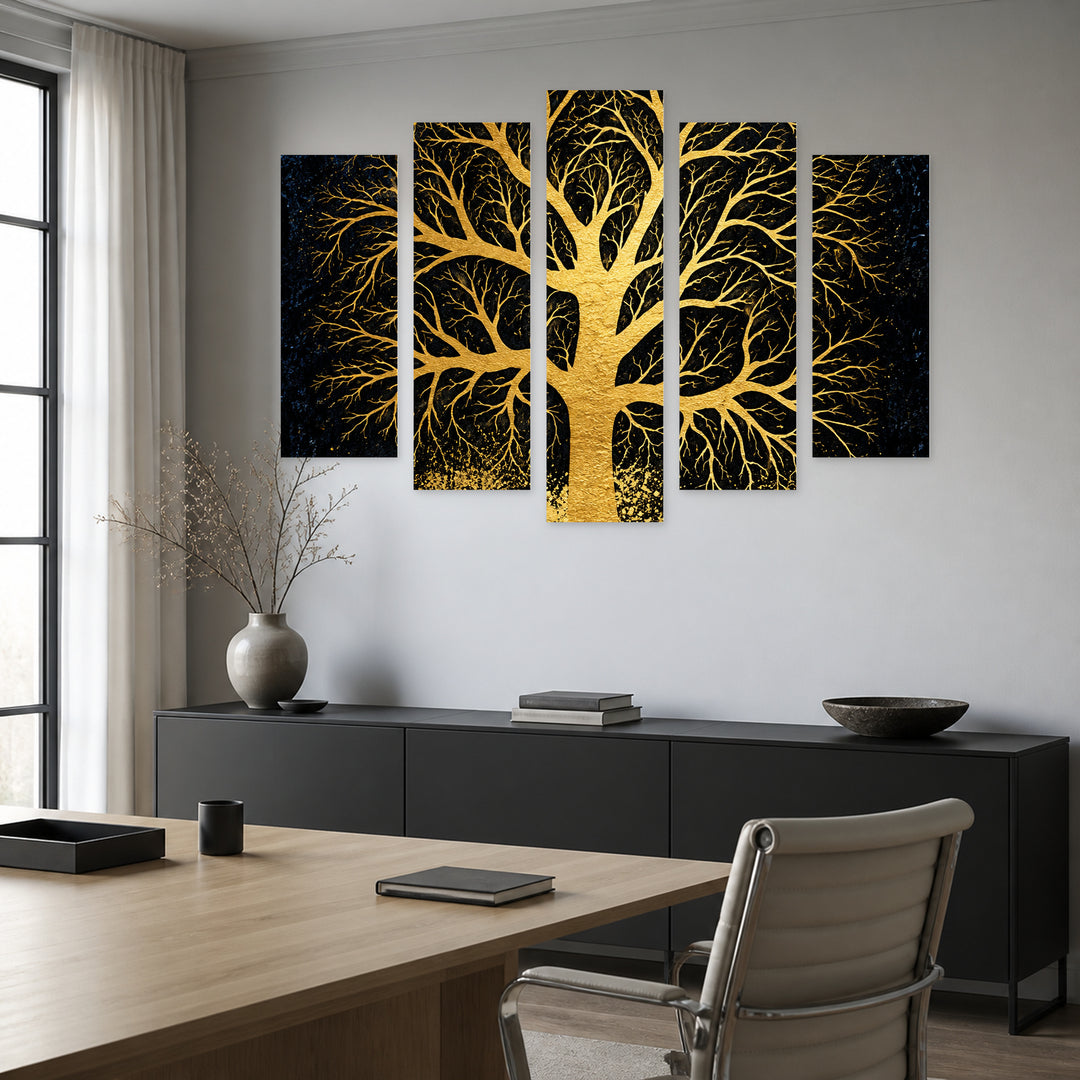 Golden Landscape in Serene Light — five-panel wall art in frontal interior | 5wallart 57802 M3