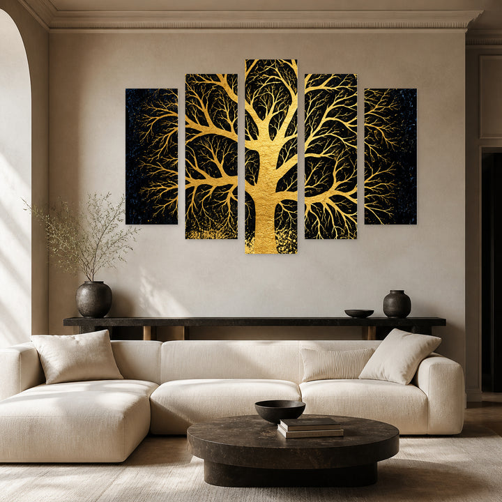 Golden Landscape in Serene Light — five-panel wall art in alternate frontal interior | 5wallart 57802 M4