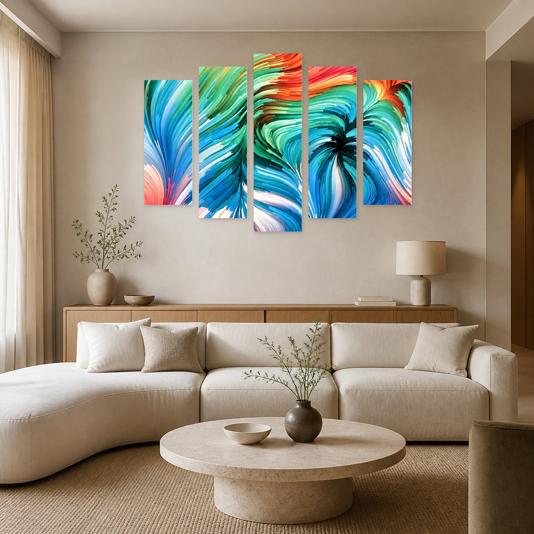 Colorful World with Geometric Rhythm — five-panel wall art in frontal interior | 5wallart 57803 M3