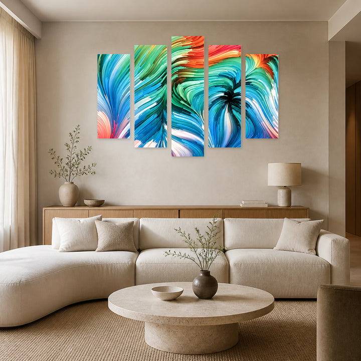 Colorful World with Geometric Rhythm — five-panel wall art in frontal interior | 5wallart 57803 M3
