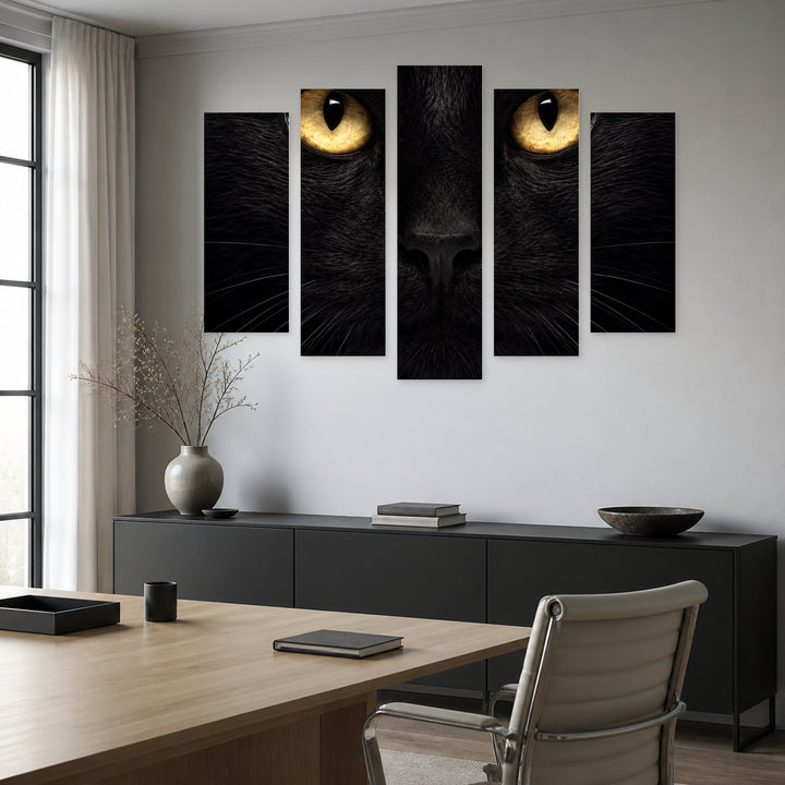 Black Cat in Serene Light — five-panel wall art in frontal interior | 5wallart 57804 M3