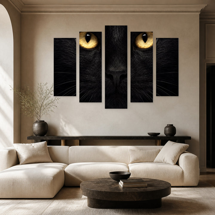 Black Cat in Serene Light — five-panel wall art in alternate frontal interior | 5wallart 57804 M4