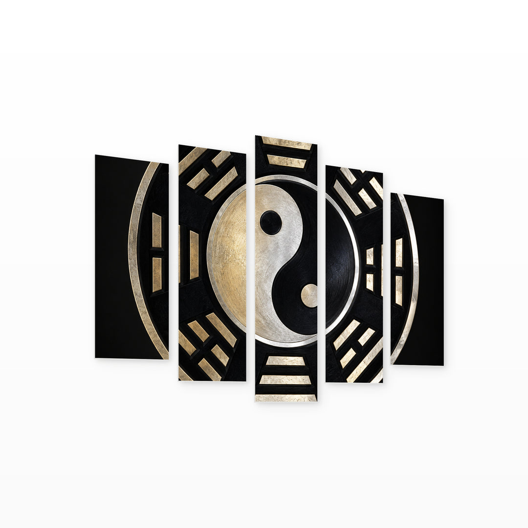 Yin and Yang Symbol in Blue and Gold — five-panel wall art on white background in perspective | 5wallart 57805 M1