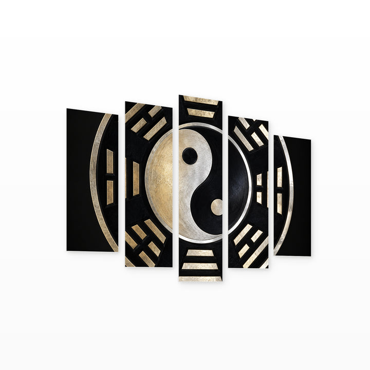 Yin and Yang Symbol in Blue and Gold — five-panel wall art on white background in perspective | 5wallart 57805 M1