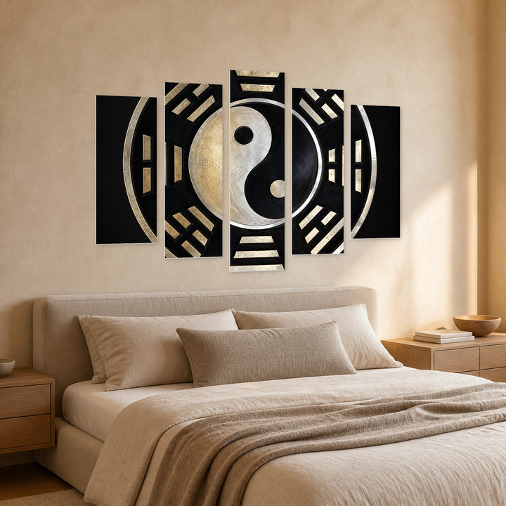 Yin and Yang Symbol in Blue and Gold — five-panel wall art in perspective interior | 5wallart 57805 M2