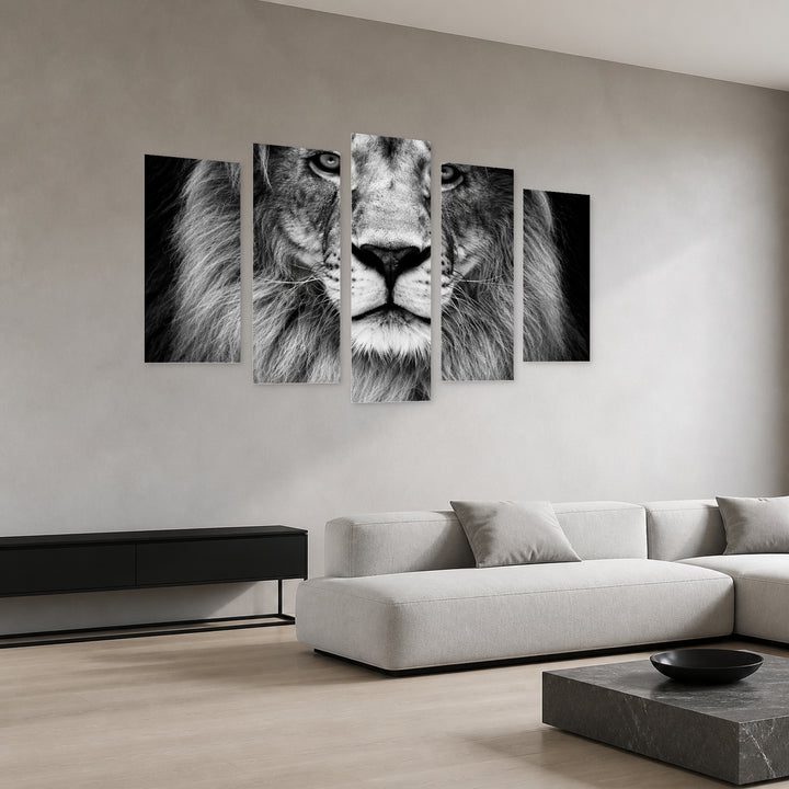 Portrait of a Lion with Dramatic Contrast — five-panel wall art in perspective interior | 5wallart 57806 M2