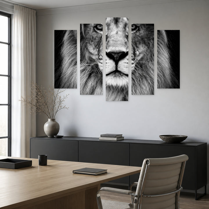 Portrait of a Lion with Dramatic Contrast — five-panel wall art in frontal interior | 5wallart 57806 M3