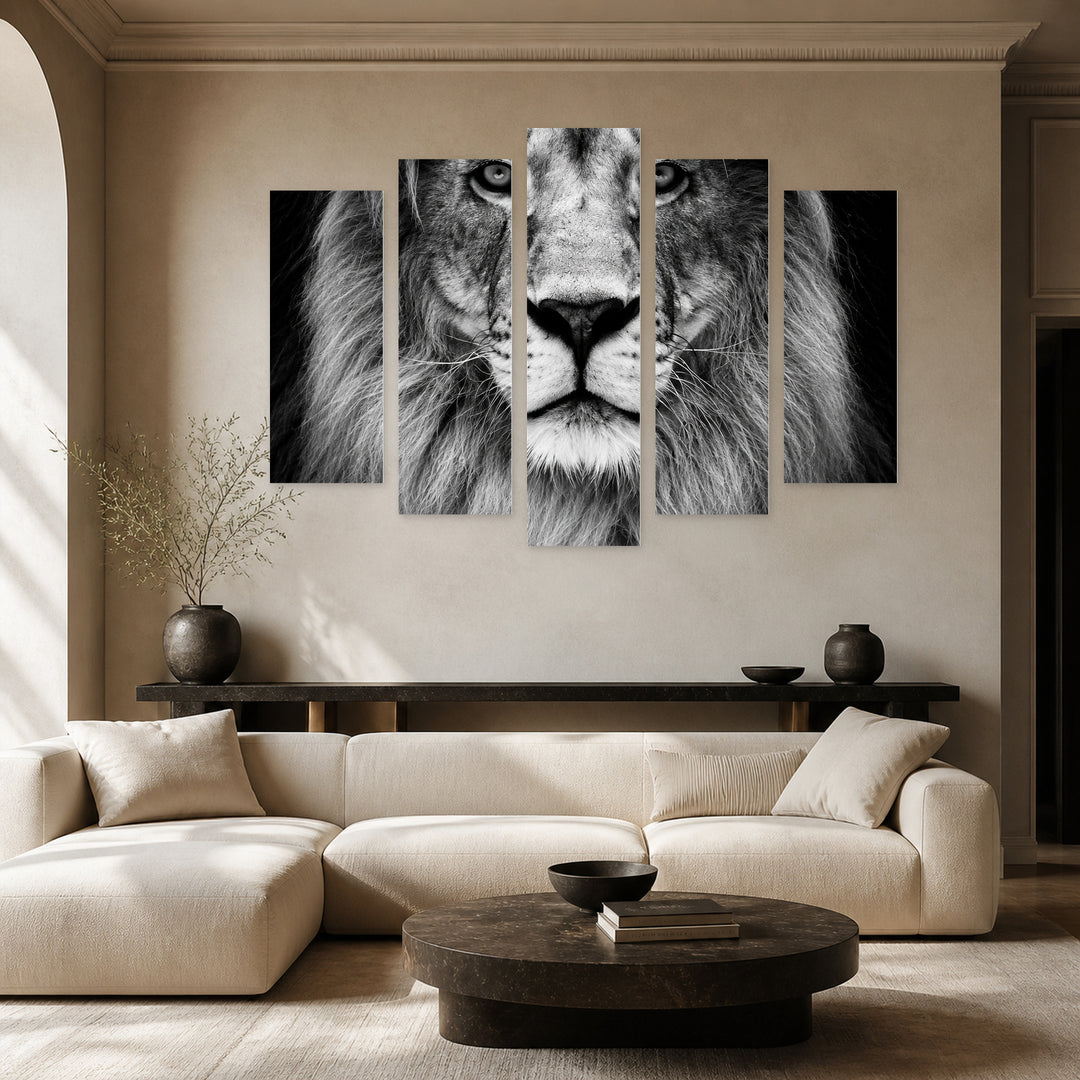 Portrait of a Lion with Dramatic Contrast — five-panel wall art in alternate frontal interior | 5wallart 57806 M4