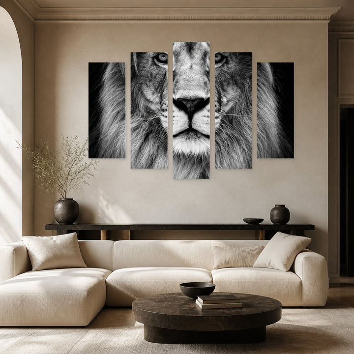 Portrait of a Lion with Dramatic Contrast — five-panel wall art in alternate frontal interior | 5wallart 57806 M4