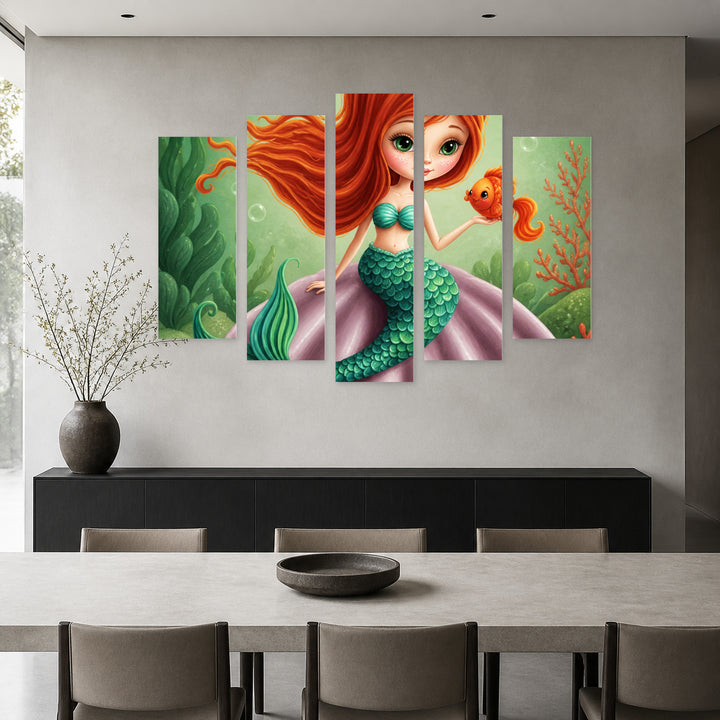 Little Mermaid with Dreamlike Atmosphere — five-panel wall art in alternate frontal interior | 5wallart 57807 M4
