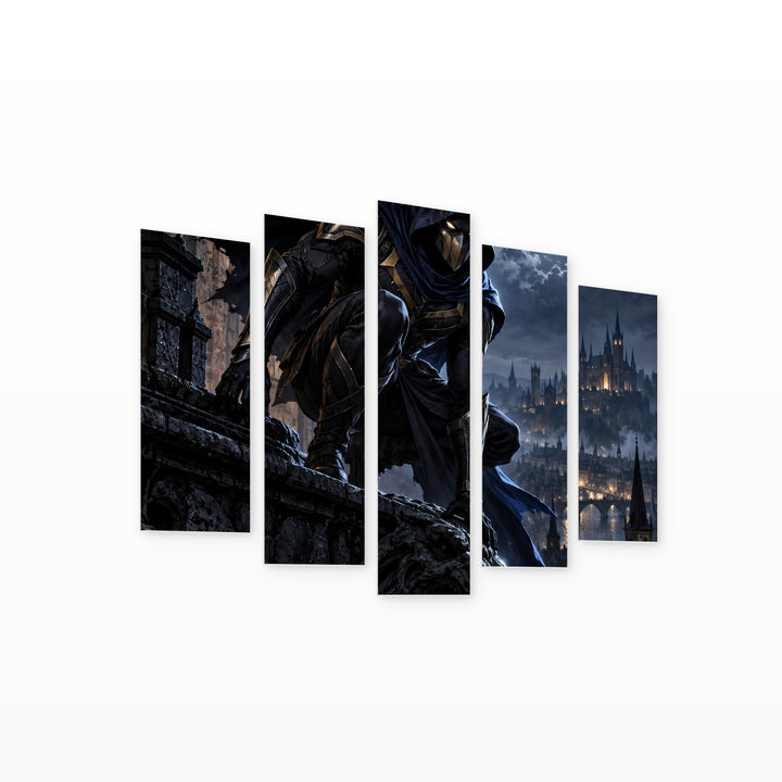 Masked Night Hero with Dramatic Contrast — five-panel wall art on white background in perspective | 5wallart 57810 M1