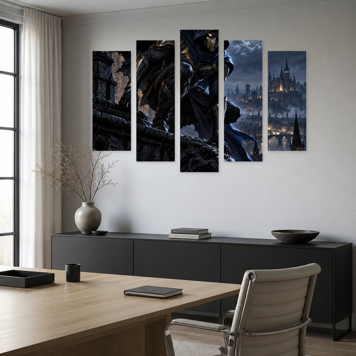 Masked Night Hero with Dramatic Contrast — five-panel wall art in frontal interior | 5wallart 57810 M3