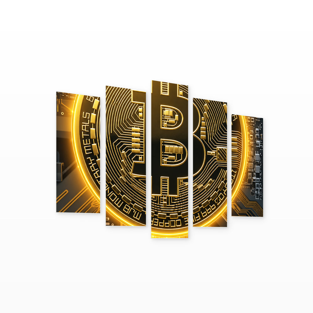 Bitcoin. Digital Gold with Geometric Rhythm — five-panel wall art on white background in perspective | 5wallart 57811 M1