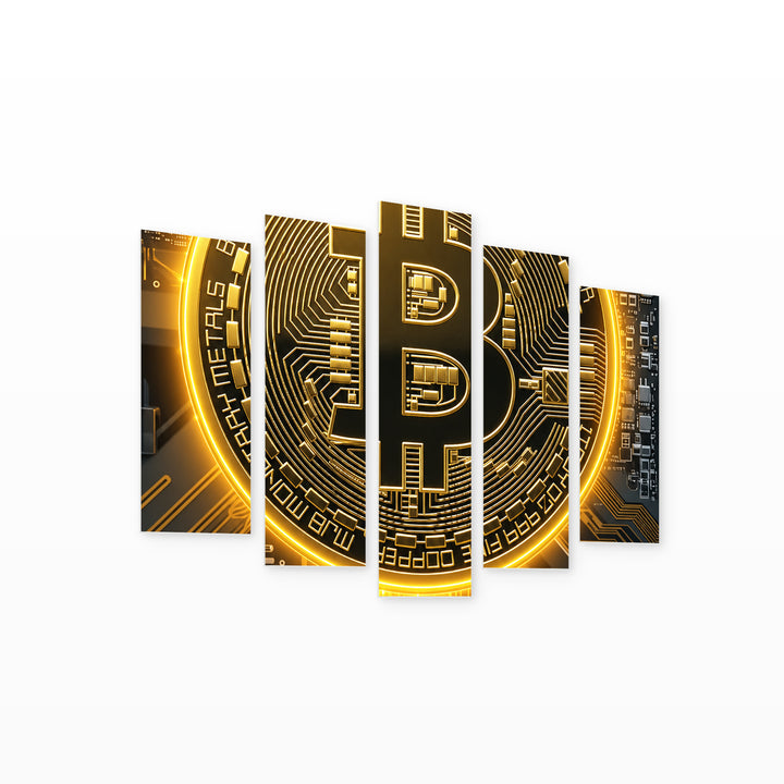 Bitcoin. Digital Gold with Geometric Rhythm — five-panel wall art on white background in perspective | 5wallart 57811 M1