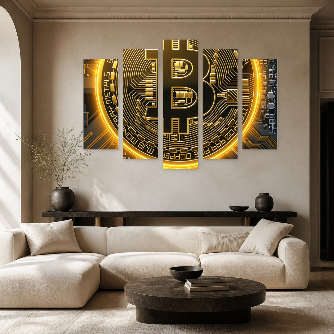 Bitcoin. Digital Gold with Geometric Rhythm — five-panel wall art in frontal interior | 5wallart 57811 M3
