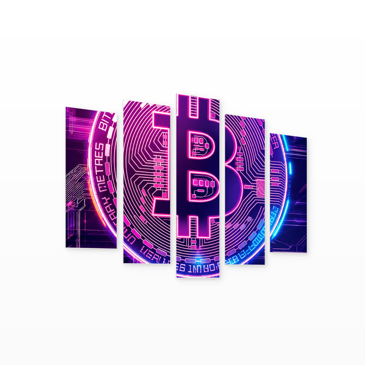Bitcoin Reflections of Digital Currency with Geometric Rhythm — five-panel wall art on white background in perspective | 5wallart 57812 M1