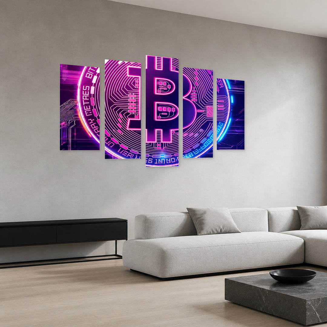 Bitcoin Reflections of Digital Currency with Geometric Rhythm — five-panel wall art in perspective interior | 5wallart 57812 M2