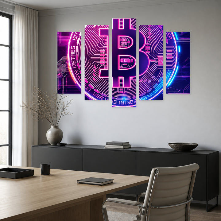 Bitcoin Reflections of Digital Currency with Geometric Rhythm — five-panel wall art in frontal interior | 5wallart 57812 M3