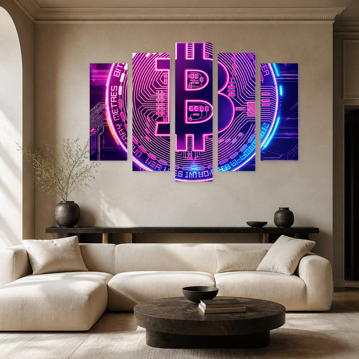 Bitcoin Reflections of Digital Currency with Geometric Rhythm — five-panel wall art in alternate frontal interior | 5wallart 57812 M4